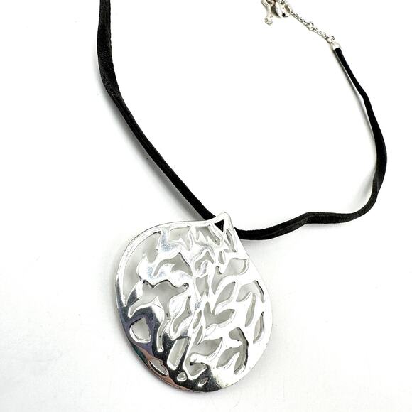 18” Fossil Dark Brown Leather Cord Abstract Silver Tone Pendant Necklace - Picture 5 of 6